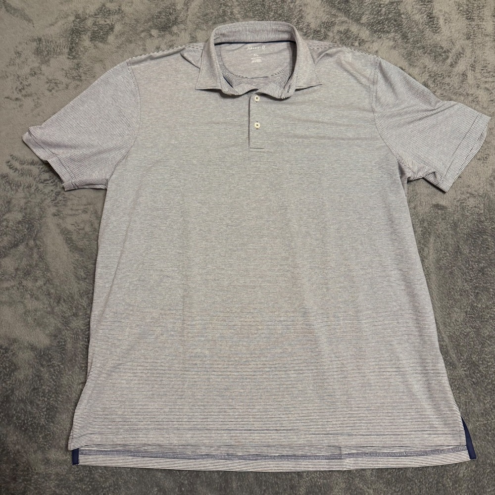 Johnnie O Mens‎ Golf Polo Shirt XL Blue White Stripe Embroidered Lion